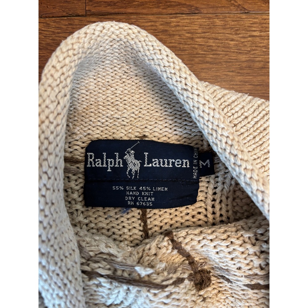 Ralph Lauren Silk Linen Hand Knit Cable Sweater Cream Brown Mock Neck Vintage M - Picture 4 of 6